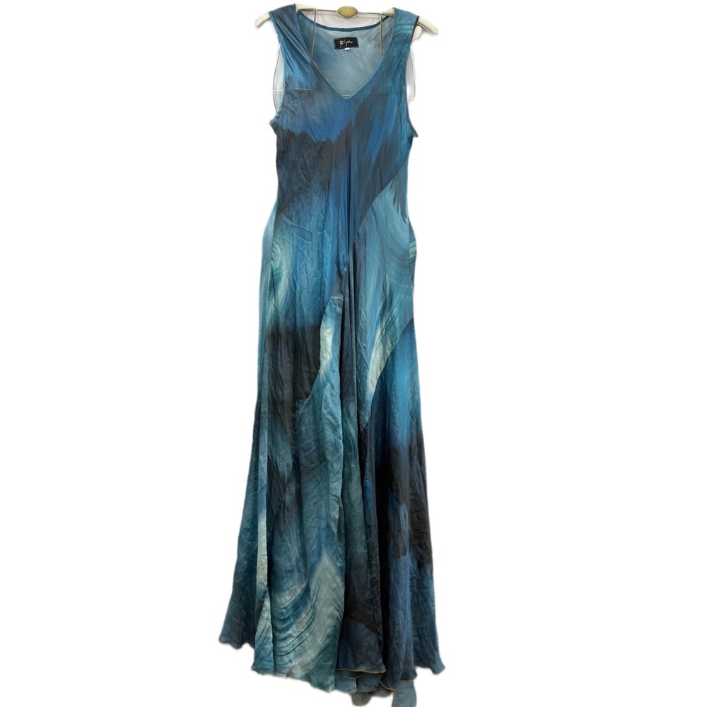 Biya Johnny Was Blue Watercolor Abstract Silk Sleeveless Maxi Dress XL Womens